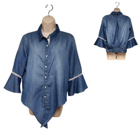 Westbound Tops - Westbound Blue Denim Womens 3/4 Bell Sleeve Front Tie Blouse Size Medium